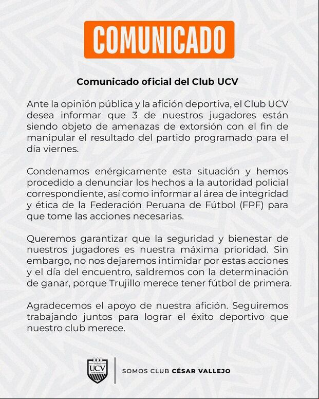 Comunicado de UCV donde denuncia amenazas a tres de sus jugadores. (Foto: UCV)