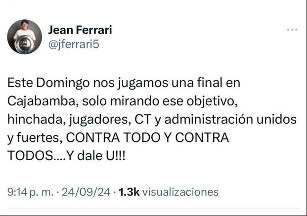 Jean Ferrari y su comentario en redes sociales tras la polémica sobre el título del 34'. (X)