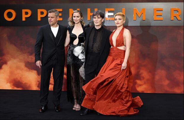 Matt Damon, Emily Blunt, Cillian Murphy y Florence Pugh en la alfombra roja de "Oppenheimer" el 13 de julio de 2023. (Foto: Henry Nicholls / AFP)