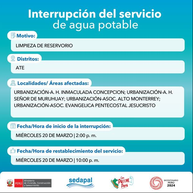 Sedapal anunció las zonas y distritos donde cortará el servicio de agua este miércoles 20 de marzo. (Foto: Sedapal)
