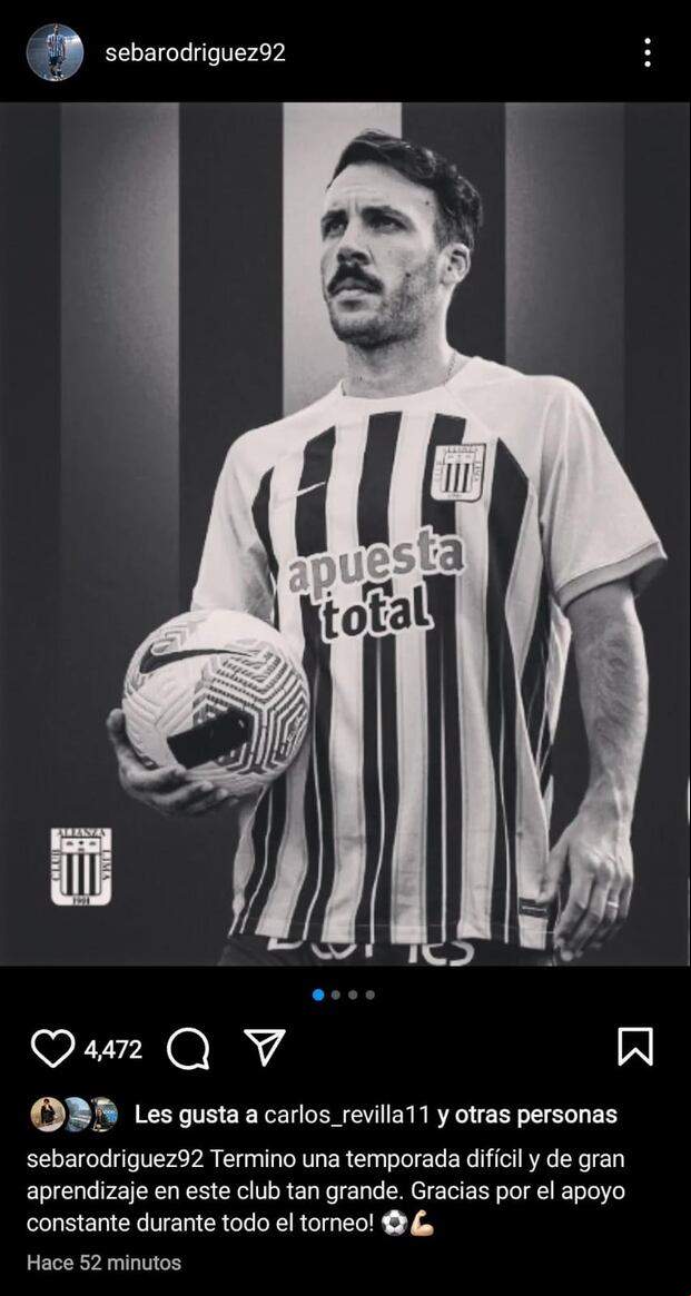 Sebastián Rodríguez dejó un mensaje sobre temporada con Alianza Lima. (Foto: Instagram)