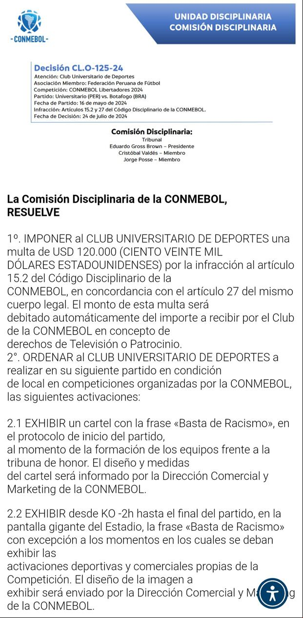 CONMEBOL sancionó a Universitario de Deportes por culpa de sus hinchas. (Foto: CONMEBOL).