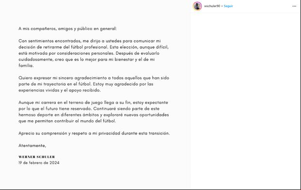 Schuler anunció su retiro del fútbol profesional. (Captura)