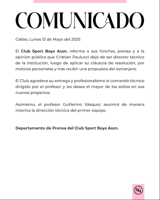 Comunicado de Sport Boys anunciando la salida de Paulucci.