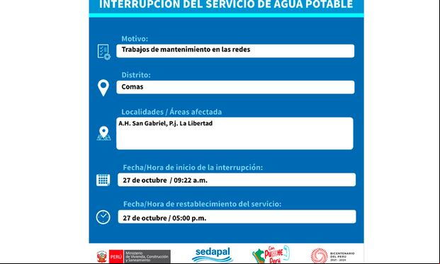 Sedapal anunció corte de agua en varios distritos para este 28 de octubre. (Foto: Twitter)