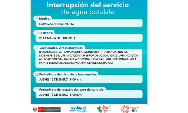 Sedapal informó qué distritos no tendrán agua este jueves 18 de enero. (Foto: Twitter)