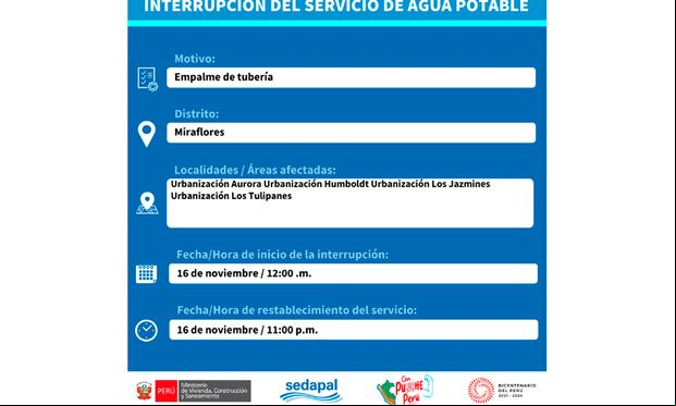 Zonas afectadas con corte de agua para el 16 de noviembre. (Foto: Twitter)