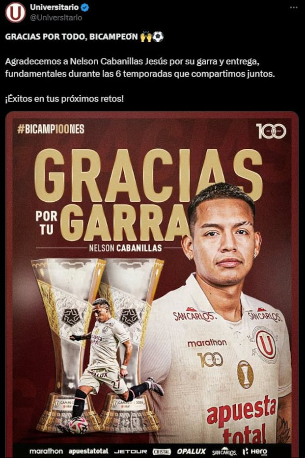El comunicado de despedida de Universitario a Nelson Cabanillas. (Universitario)