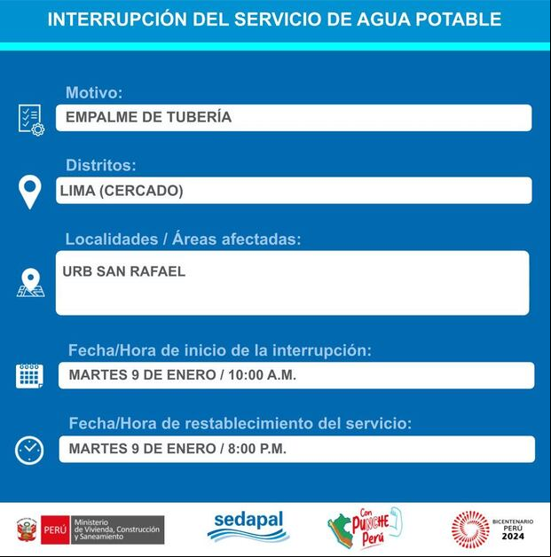Sedapal informó qué distritos no tendrán agua este martes 9 de enero. (Foto: Twitter)