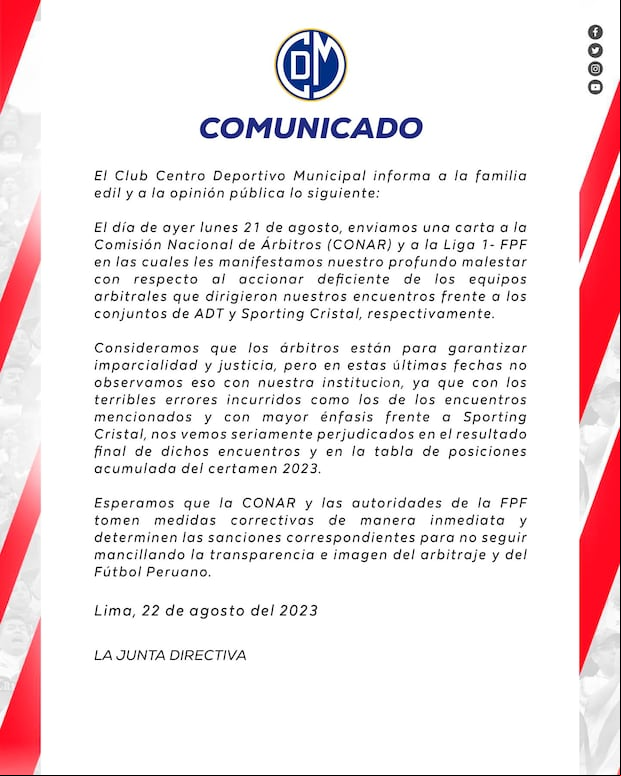 Comunicado de Deportivo Municipal por decisiones arbitrales en los duelos contra ADT y Sporting Cristal. (Foto: @CCDMunicipal)