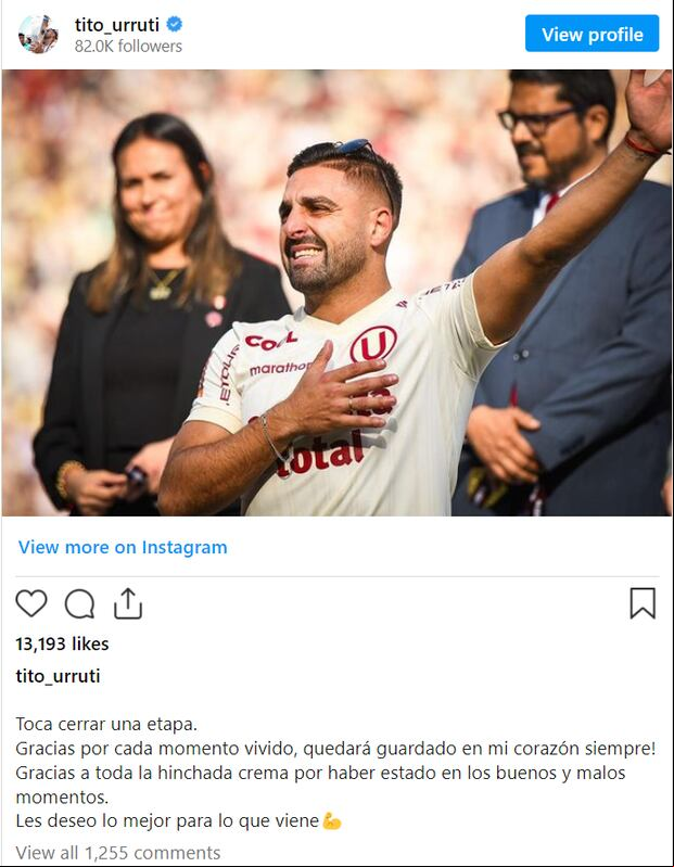 Luis Urruti y su mensaje de despedida a los hinchas de la 'U'. (Foto: Instagram)