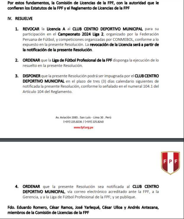Documento de la FPF sobre la quita de licencia a Municipal. (Foto: Difusión)