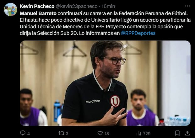 Manuel Barreto asumiría también dirección técnica de la Sub-20. (Foto: Captura @kevin23pacheco)