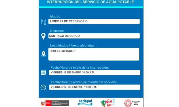 Sedapal informó qué distritos no tendrán agua este viernes 12 de enero. (Foto: Twitter)