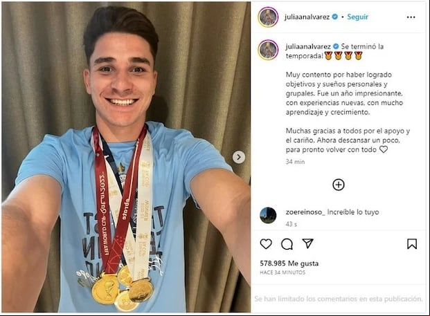 Julián Álvarez culminó su primera temporada en Europa. (Foto: Instagram)
