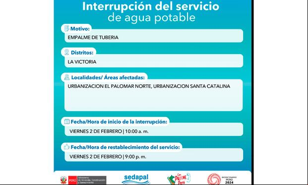 Sedapal informó qué distritos no tendrán agua este viernes 2 de febrero. (Foto: Twitter)
