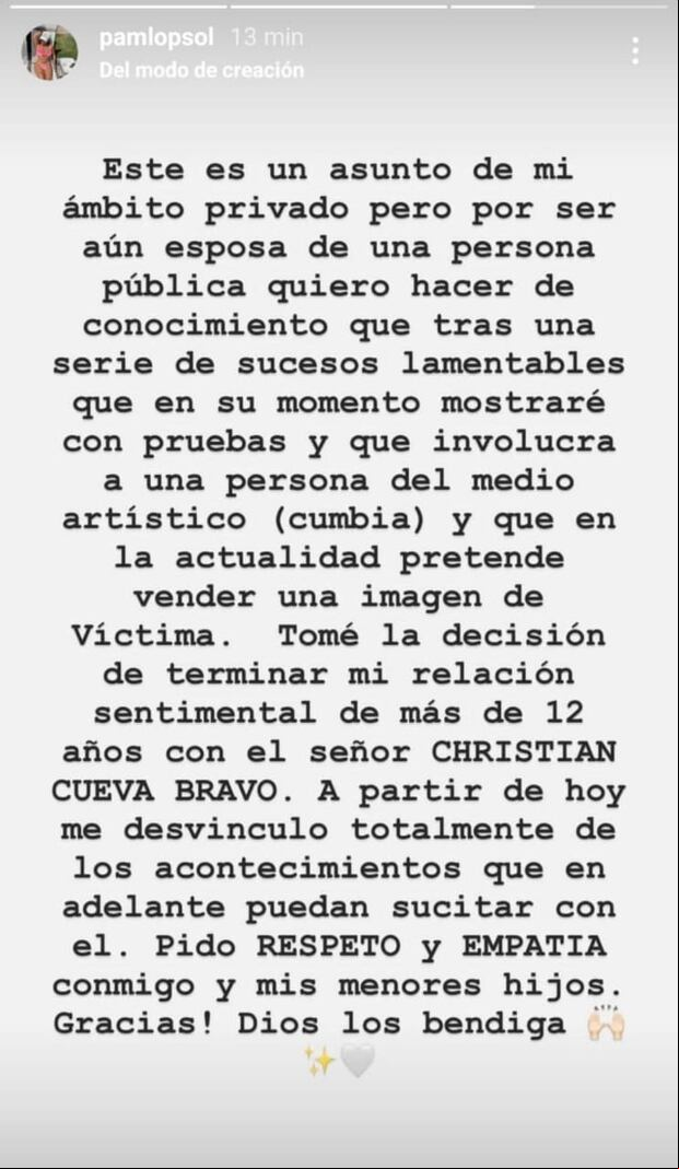 El comunicado de Pamela López en redes sociales. (Captura: Instagram)
