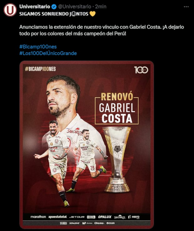 Universitario anunció la renovación de Gabriel Costa. (Captura)