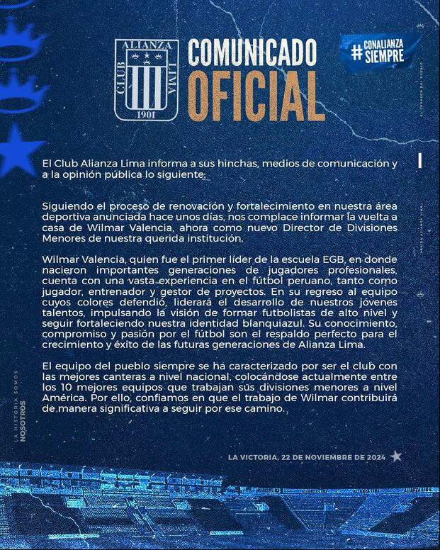 Wilmar Valencia es el nuevo director de divisiones menores de Alianza Lima. (Foto: Alianza Lima)
