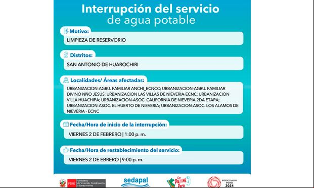 Sedapal informó qué distritos no tendrán agua este viernes 2 de febrero. (Foto: Twitter)