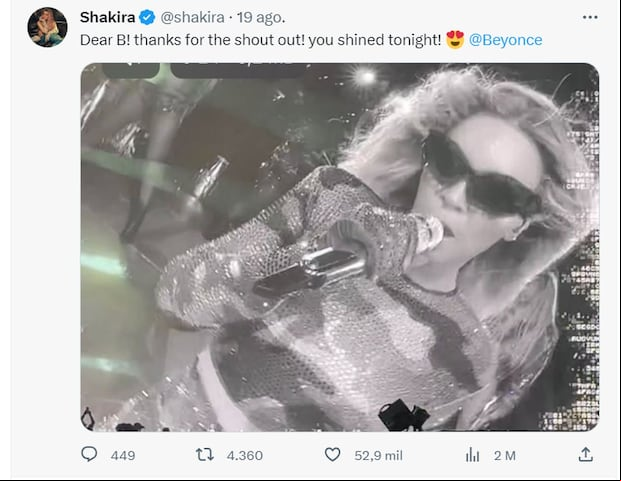 Shakira agradece a Beyoncé su gran concierto en Miami (Foto: shakira /X).