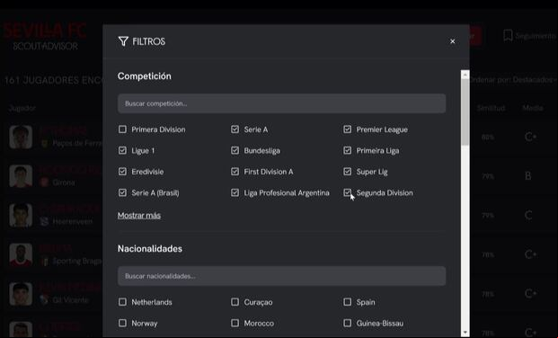 Los filtros de la web Scout Advisor.