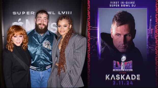 From left to right: Reba McEntire, Post Malone, Andra Day and Kaskade will be performing in the pre-game of the Super Bowl LVIII. | Photo by @lvsuperbowlhc / Instagram