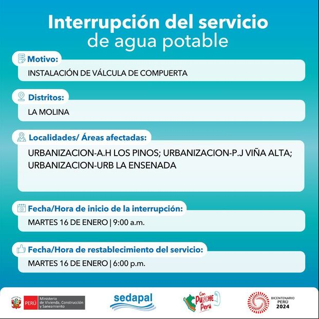 Sedapal informó qué distritos no tendrán agua este martes 16 de enero. (Foto: Twitter)