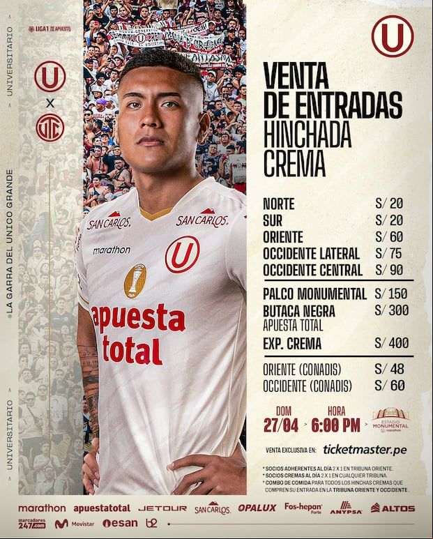 Universitario y UTC se enfrentan en el estadio Monumental por la fecha 10 del Torneo Apertura.
