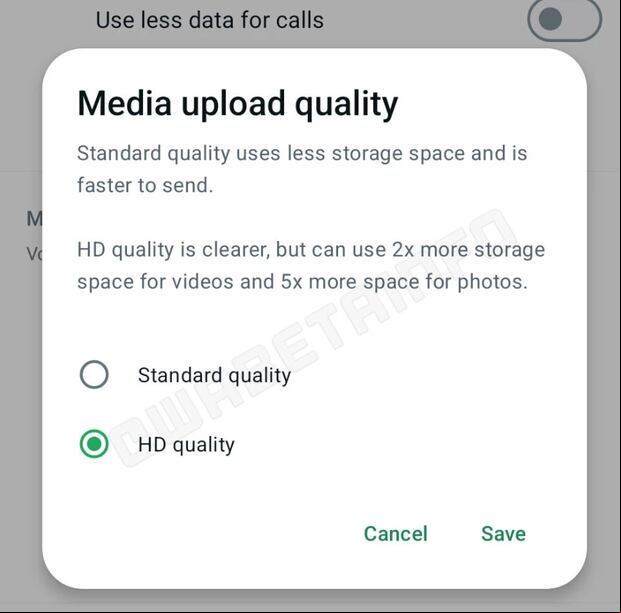 Debes seleccionar la opción "Calidad HD" para que automáticamente empieces a mandar imágenes y videos en alta definición. (Foto: WabetaInfo)