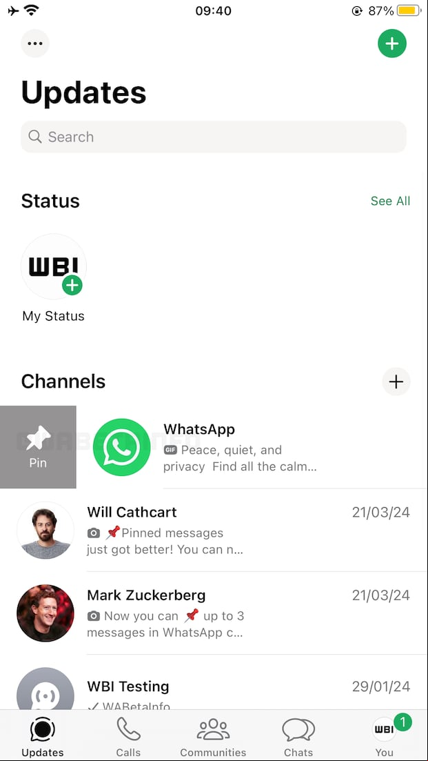 Vista previa de la opción "fijar" en los canales de WhatsApp. (Foto: WabetaInfo)