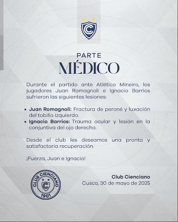 Cienciano emitió parte médico sobre Ignacio Barrios y Juan Romagnoli. (Foto: Cienciano)