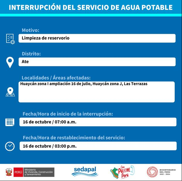 Sedapal informó en qué zonas cortará el agua este lunes 16 de octubre. (Foto: Twitter)
