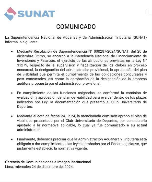 El comunicado de SUNAT sobre el plan de viabilidad presentado por jean Ferrari.