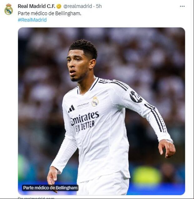 Real Madrid informó que Bellingham tiene una lesión muscular.