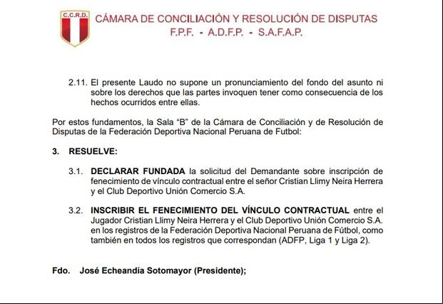 Documento que certifica el fallo de la Cámara de Conciliación y Resolución de Disputas de la FPF a favor del futbolista Cristian Neira. (Imagen: Difusión)