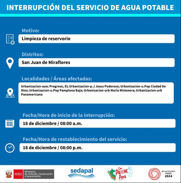 Sedapal informó qué distritos no tendrán agua este jueves 14 de diciembre. (Foto: Twitter)