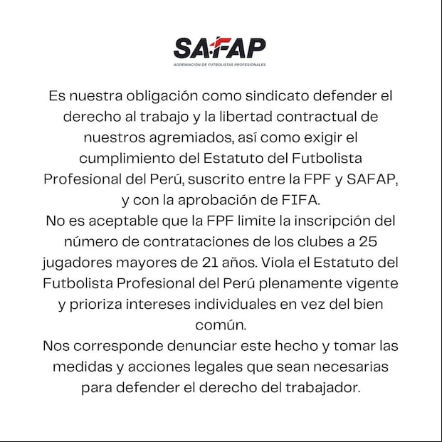 Comunicado que publicó SAFAP en sus redes sociales. (Foto: SAFAP)