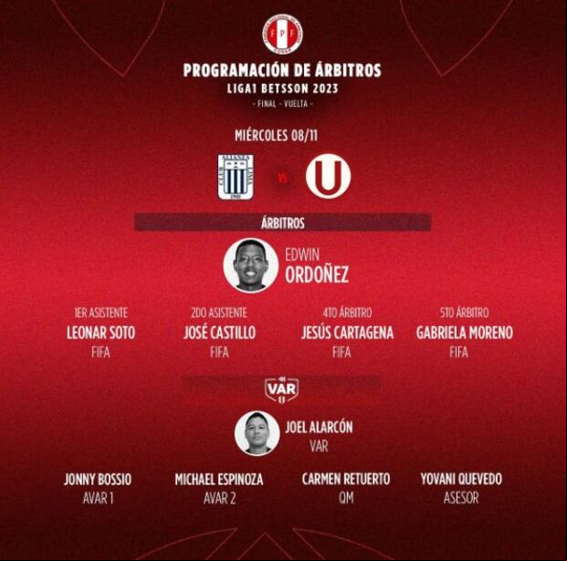 Se dio a conocer la terna arbitral para la final de vuelta entre Alianza Lima y Universitario. (Foto: Twitter)