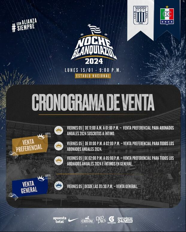 Cronograma de venta de entradas para la Noche Blanquiazul (Foto: Alianza Lima)