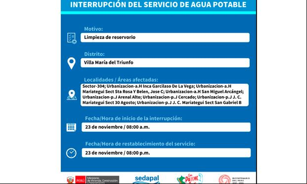 Sedapal informó qué distritos no tendrán agua este jueves 23 de noviembre. (Foto: Twitter)