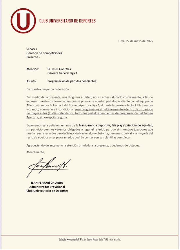 Comunicado de Universitario en relación al partido contra Atlético Grau. (Captura)