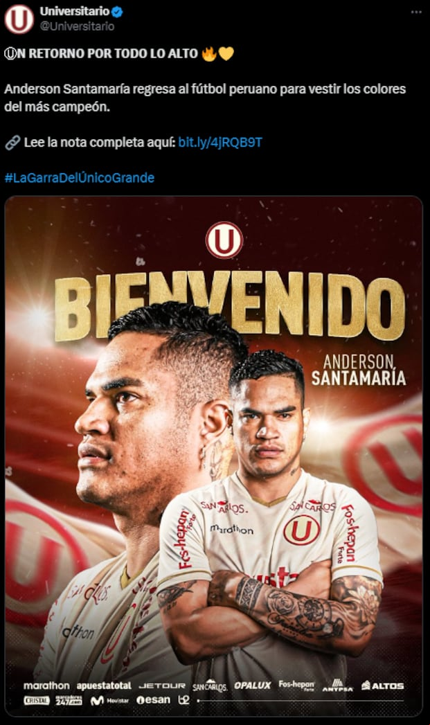 Universitario le dio la bienvenida a Ánderson Santamaría por todo el 2025. (Imagen: Captura de x)
