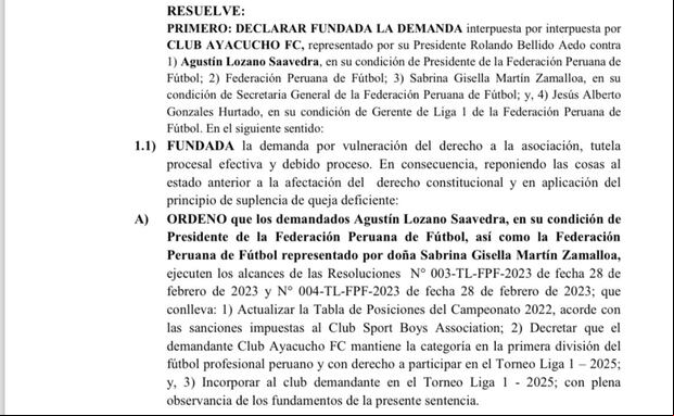 Resolución del Módulo Civil Corporativo de Litigación Oral – 3° Juzgado Civil sobre la demanda de Ayacucho FC.