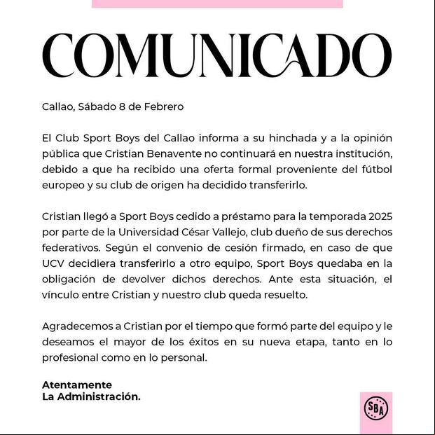 Este es el comunicado de Sport Boys en el que anuncia la salida de Cristian Benavente.