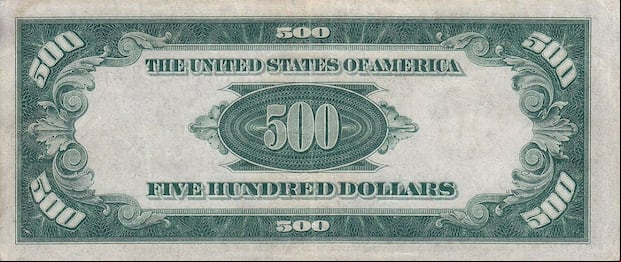 El reverso del billete de 500 dólares de sello verde (Foto: Departamento del Tesoro de EE.UU.)