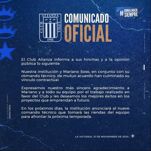 Comunicado de Alianza Lima sobre la salida de Mariano Soso.