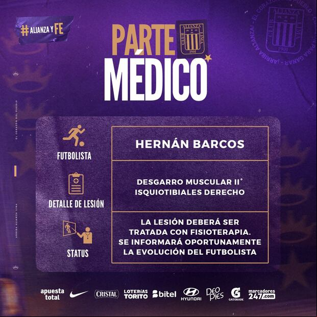 Parte médico de Alianza Lima sobre lesión de Hernán Barcos. (Foto: Alianza Lima)