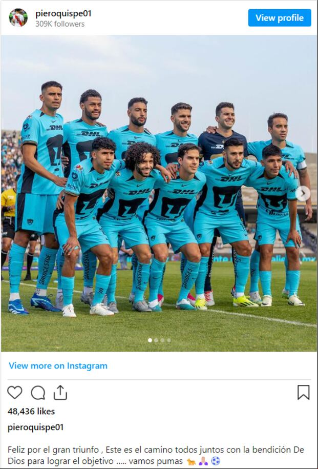 Piero Quispe publicó su alegría por la victoria de Pumas. (Foto: Instagram)