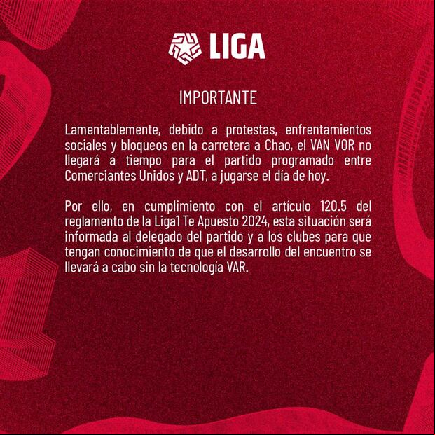Comunicado de la Liga 1 sobre el partido entre Comerciantes y ADT. (Foto: Liga 1)